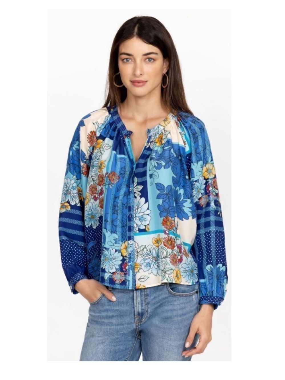 Johnny Was Josy Lynn Raglan Poet Blouse 100% Silk Blue Floral Patchwork Size L
